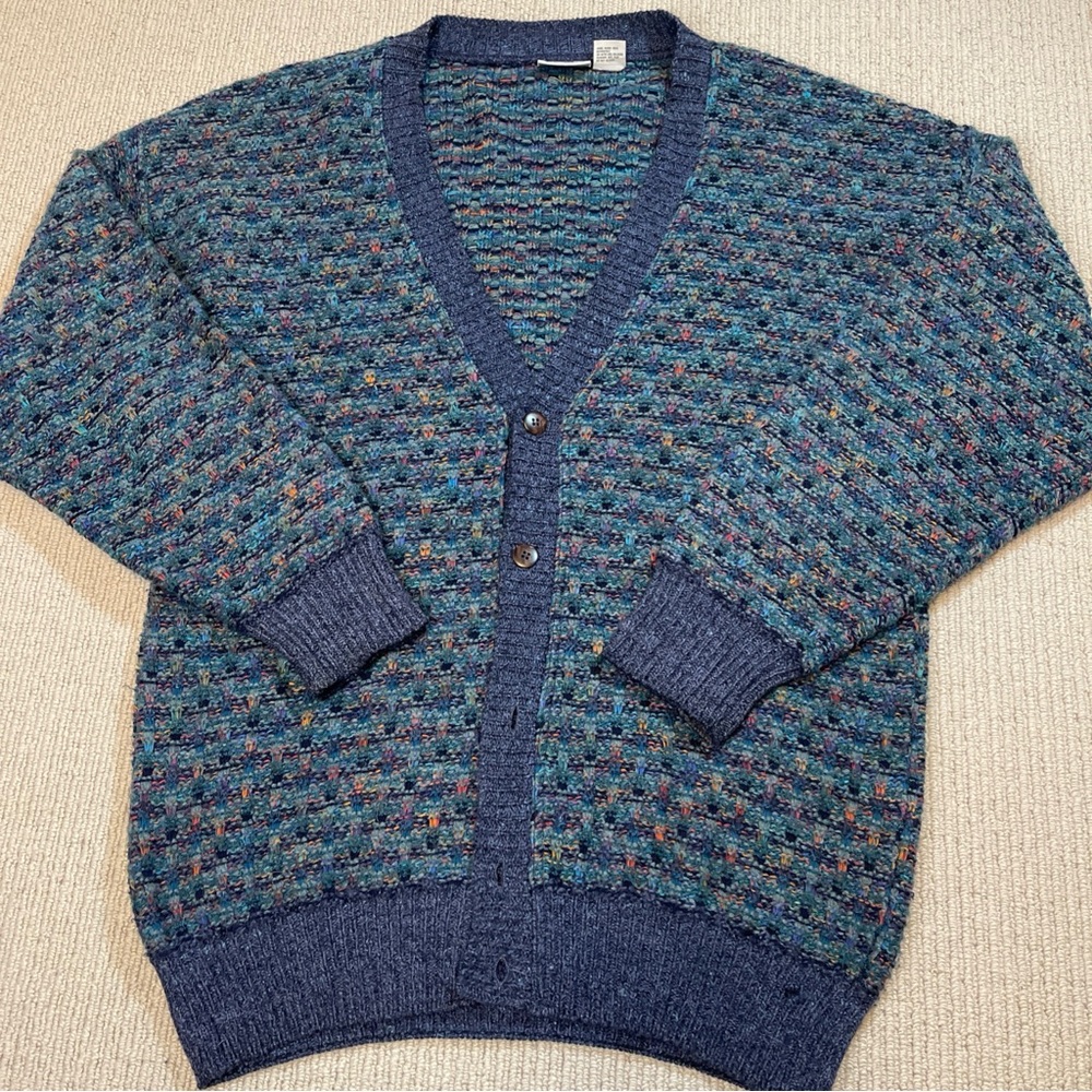 Vintage Florence Maglificio Cardigan Sweater Wool Blend Mens Large Woven Navy